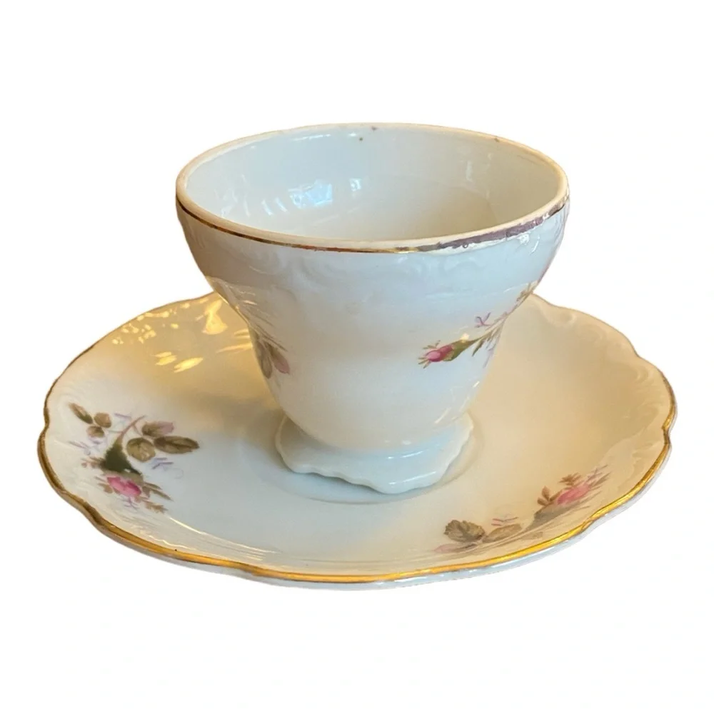 Vintage Moss Rose Teacup and Saucer Set, Fine China Japan Gold Trim